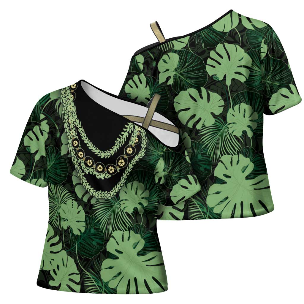 Green Hawaii Kukui Nut Lei Cross Shoulder Shirt Hawaiian Pattern Monstera Tropical Vibes LT14 - Polynesian Pride