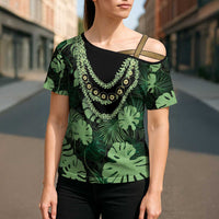 Green Hawaii Kukui Nut Lei Cross Shoulder Shirt Hawaiian Pattern Monstera Tropical Vibes LT14 - Polynesian Pride