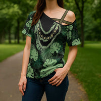 Green Hawaii Kukui Nut Lei Cross Shoulder Shirt Hawaiian Pattern Monstera Tropical Vibes LT14 - Polynesian Pride