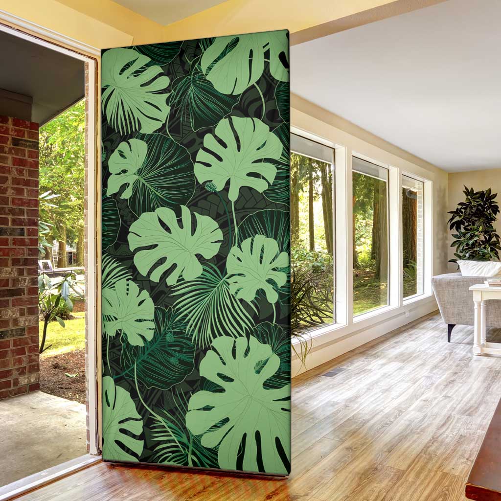 Green Hawaii Kukui Nut Lei Door Cover Hawaiian Pattern Monstera Tropical Vibes - Polynesian Pride