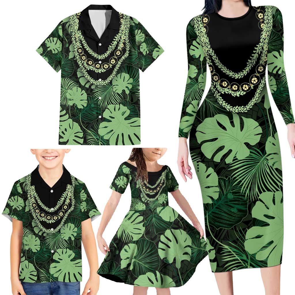 Green Hawaii Kukui Nut Lei Family Matching Long Sleeve Bodycon Dress and Hawaiian Shirt Hawaiian Pattern Monstera Tropical Vibes - Polynesian Pride