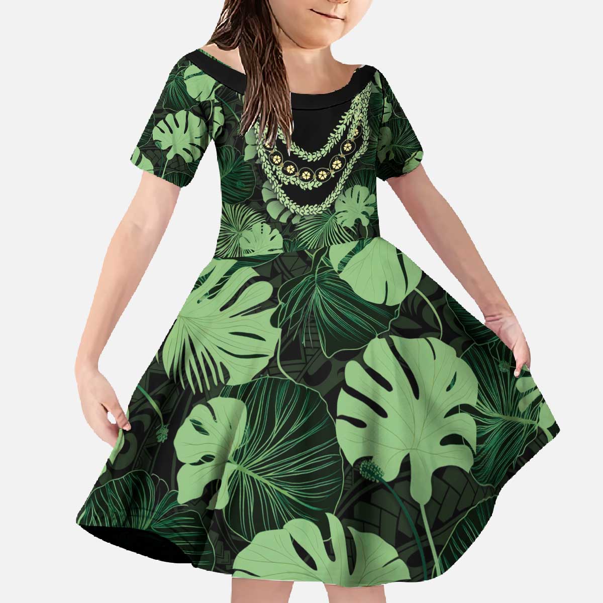 Green Hawaii Kukui Nut Lei Family Matching Off The Shoulder Long Sleeve Dress and Hawaiian Shirt Hawaiian Pattern Monstera Tropical Vibes - Polynesian Pride