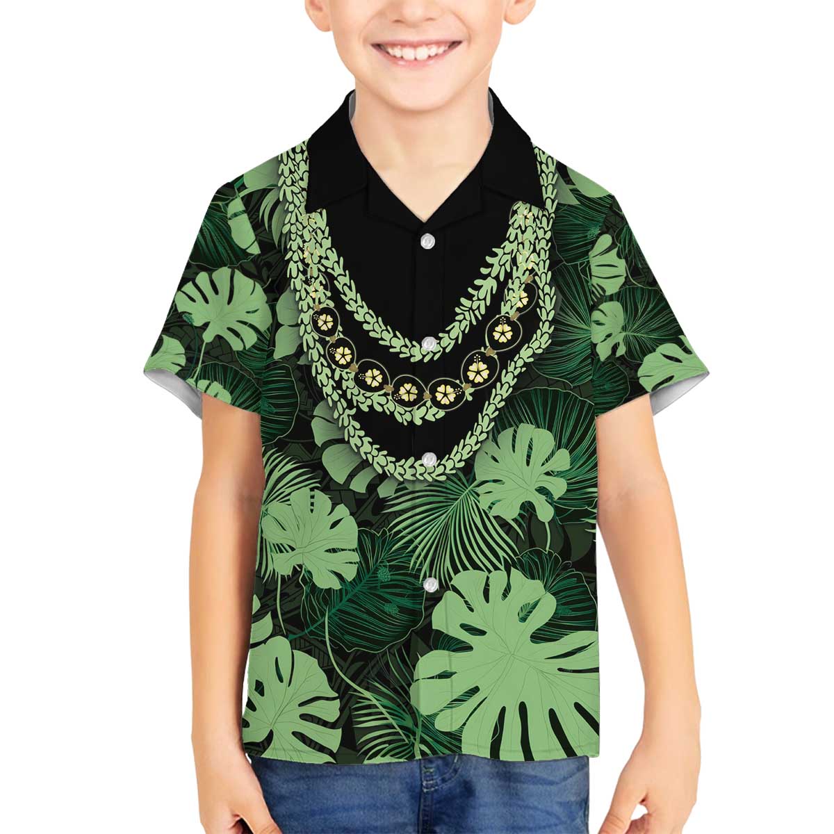 Green Hawaii Kukui Nut Lei Family Matching Off The Shoulder Long Sleeve Dress and Hawaiian Shirt Hawaiian Pattern Monstera Tropical Vibes - Polynesian Pride