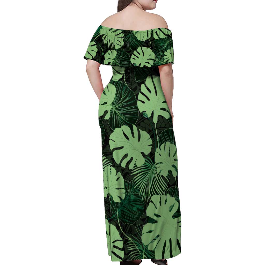 Green Hawaii Kukui Nut Lei Family Matching Off Shoulder Maxi Dress and Hawaiian Shirt Hawaiian Pattern Monstera Tropical Vibes - Polynesian Pride
