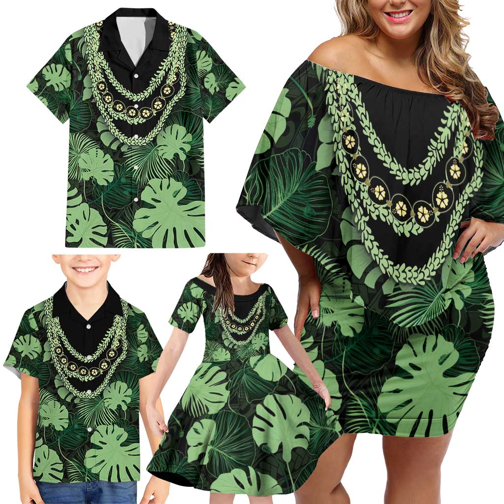 Green Hawaii Kukui Nut Lei Family Matching Off Shoulder Short Dress and Hawaiian Shirt Hawaiian Pattern Monstera Tropical Vibes - Polynesian Pride