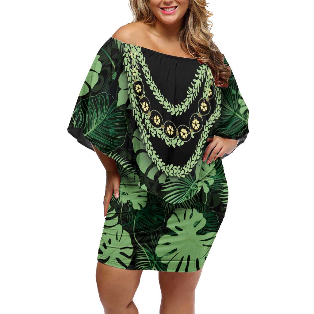 Green Hawaii Kukui Nut Lei Family Matching Off Shoulder Short Dress and Hawaiian Shirt Hawaiian Pattern Monstera Tropical Vibes - Polynesian Pride