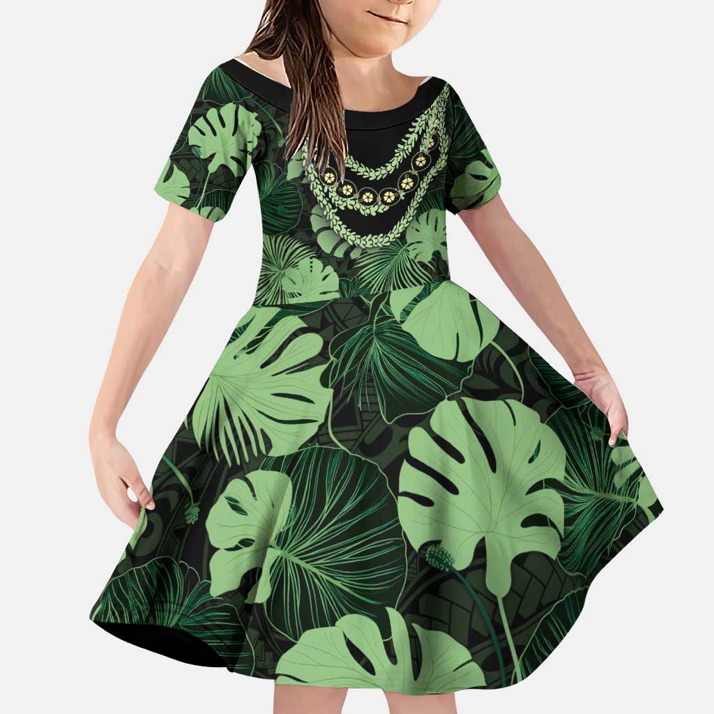 Green Hawaii Kukui Nut Lei Family Matching Puletasi and Hawaiian Shirt Hawaiian Pattern Monstera Tropical Vibes LT14 Daughter's Dress Green - Polynesian Pride