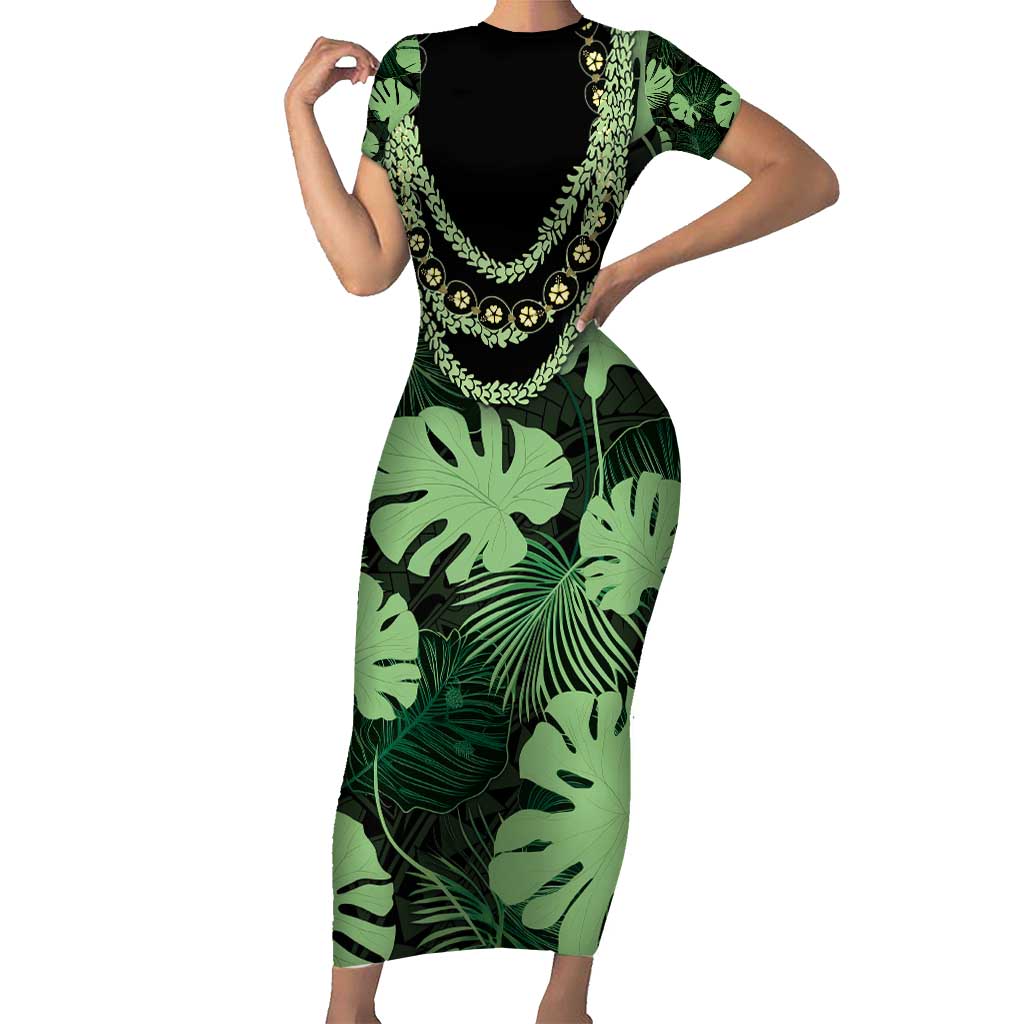 Green Hawaii Kukui Nut Lei Family Matching Short Sleeve Bodycon Dress and Hawaiian Shirt Hawaiian Pattern Monstera Tropical Vibes - Polynesian Pride