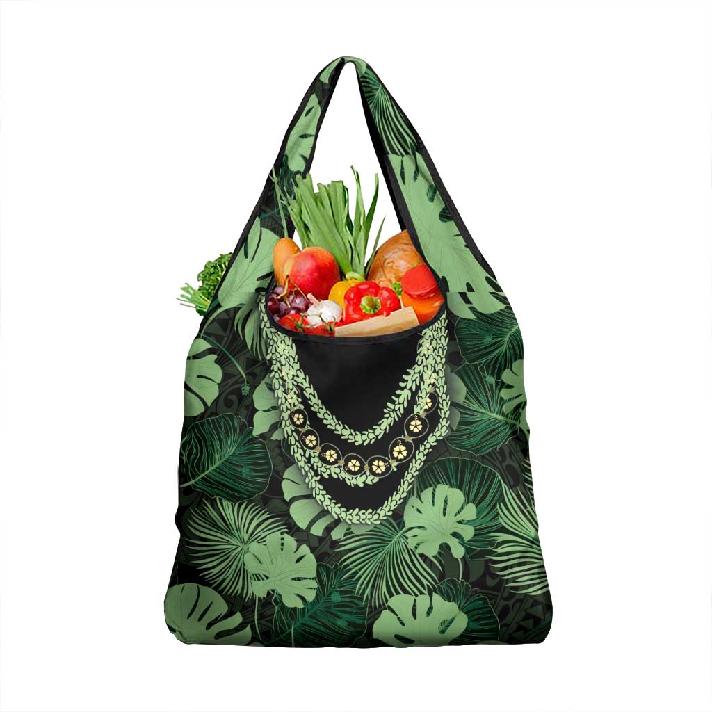 Green Hawaii Kukui Nut Lei Grocery Bag Hawaiian Pattern Monstera Tropical Vibes - Polynesian Pride