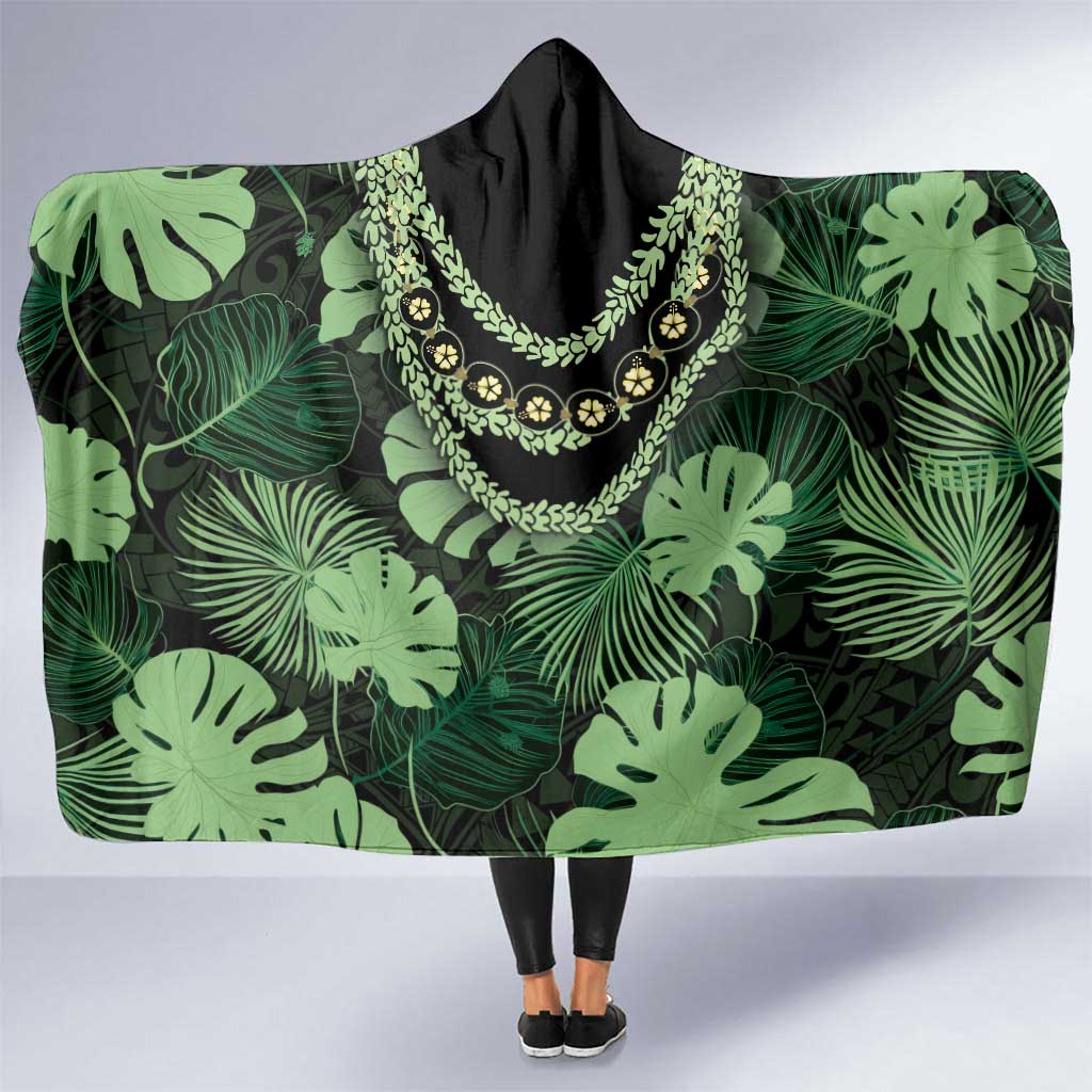 Green Hawaii Kukui Nut Lei Hooded Blanket Hawaiian Pattern Monstera Tropical Vibes LT14 One Size Green - Polynesian Pride