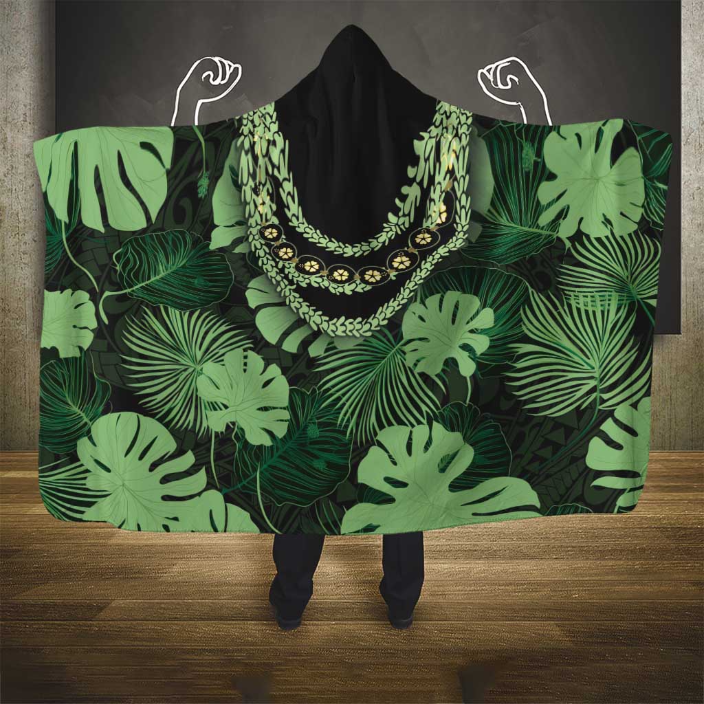 Green Hawaii Kukui Nut Lei Hooded Blanket Hawaiian Pattern Monstera Tropical Vibes LT14 - Polynesian Pride