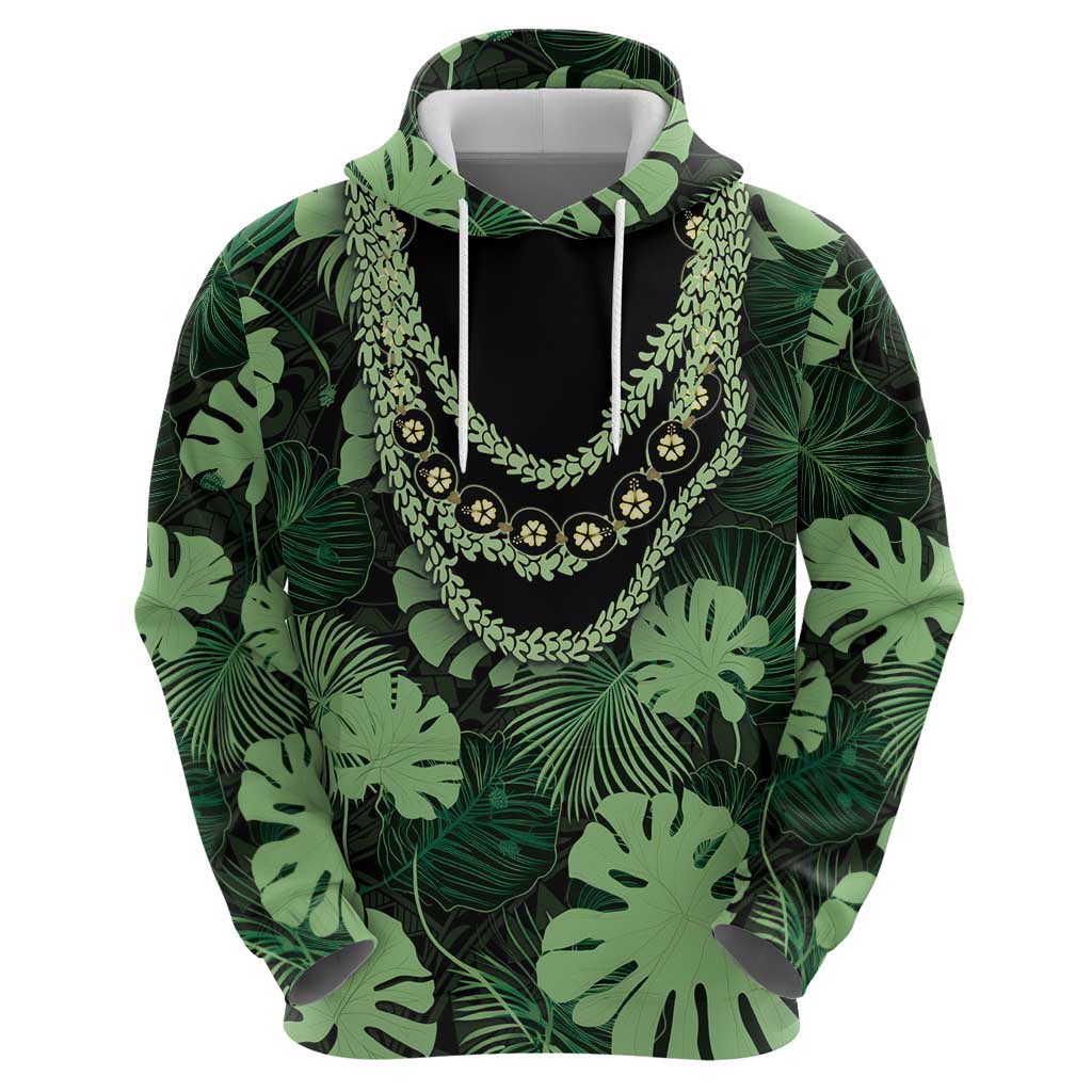Green Hawaii Kukui Nut Lei Hoodie Hawaiian Pattern Monstera Tropical Vibes - Polynesian Pride