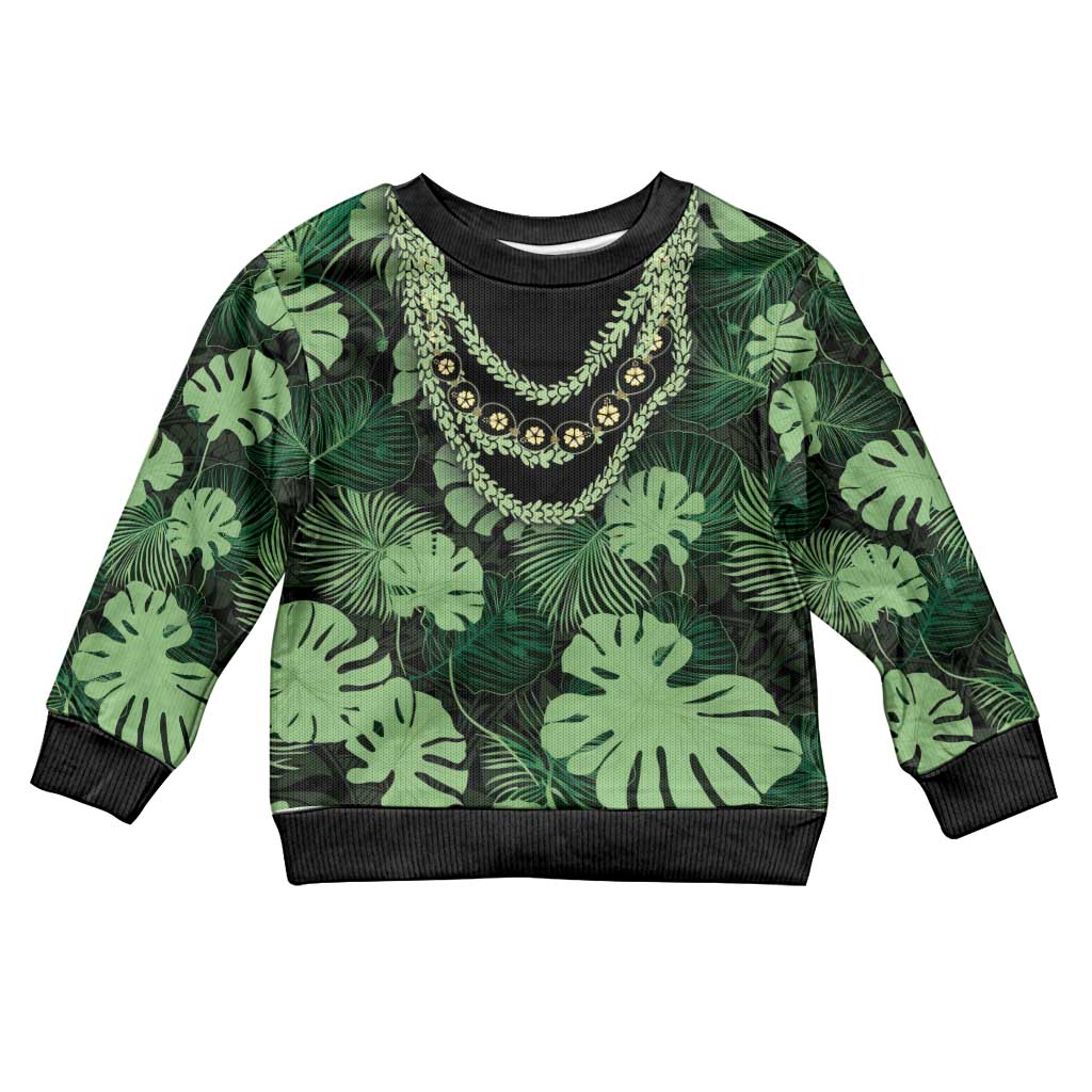 Green Hawaii Kukui Nut Lei Kid Ugly Christmas Sweater Hawaiian Pattern Monstera Tropical Vibes LT14 Kid Green - Polynesian Pride