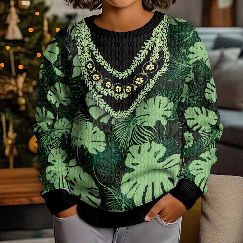 Green Hawaii Kukui Nut Lei Kid Ugly Christmas Sweater Hawaiian Pattern Monstera Tropical Vibes LT14 - Polynesian Pride