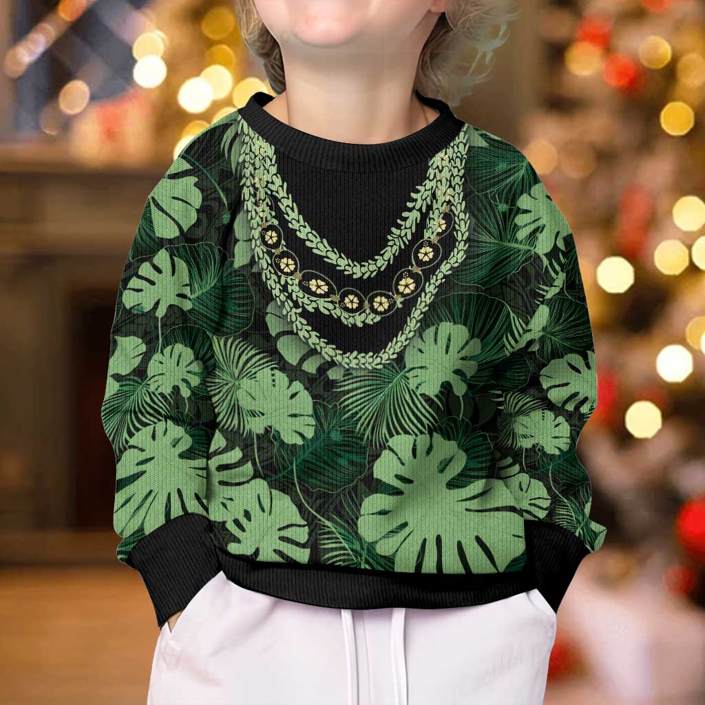 Green Hawaii Kukui Nut Lei Kid Ugly Christmas Sweater Hawaiian Pattern Monstera Tropical Vibes LT14 - Polynesian Pride