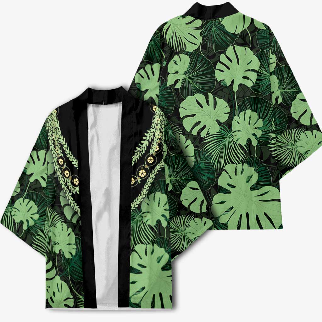 Green Hawaii Kukui Nut Lei Kimono Hawaiian Pattern Monstera Tropical Vibes - Polynesian Pride