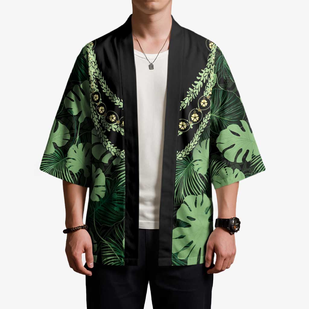 Green Hawaii Kukui Nut Lei Kimono Hawaiian Pattern Monstera Tropical Vibes - Polynesian Pride
