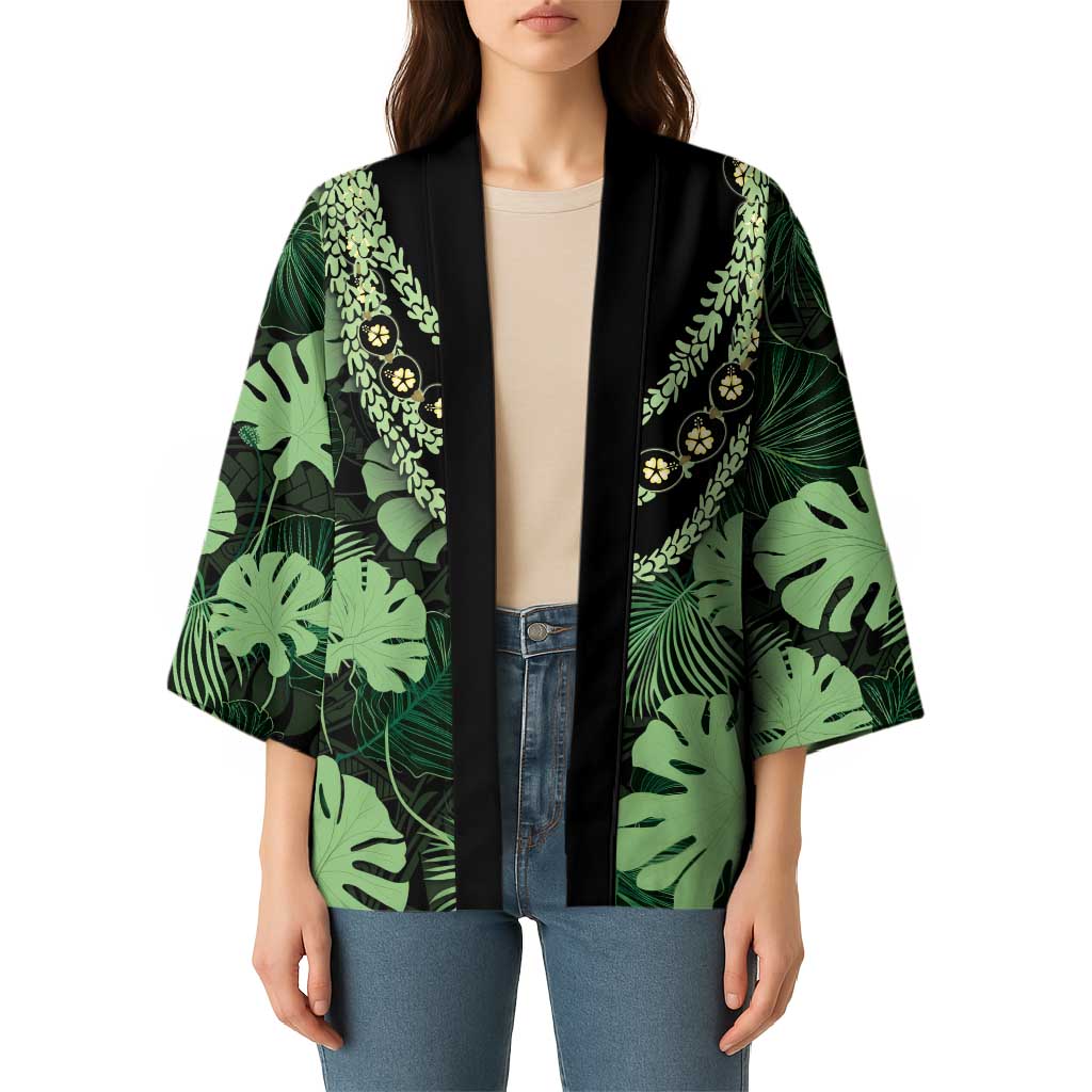 Green Hawaii Kukui Nut Lei Kimono Hawaiian Pattern Monstera Tropical Vibes - Polynesian Pride