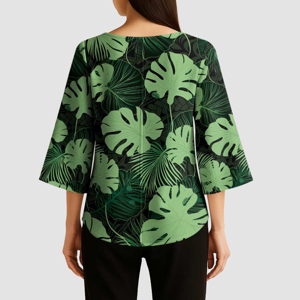 Green Hawaii Kukui Nut Lei Kimono Sleeve Blouse Hawaiian Pattern Monstera Tropical Vibes - Polynesian Pride