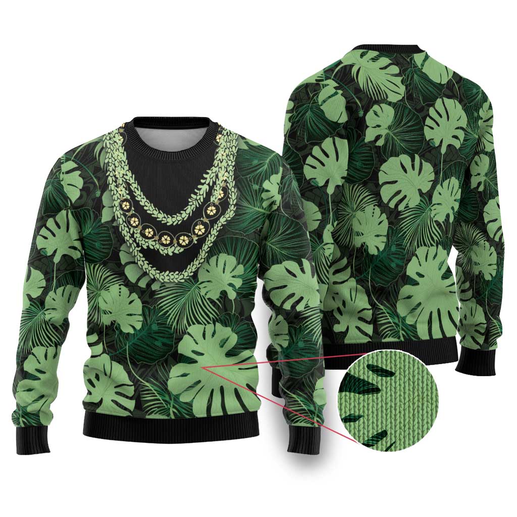 Green Hawaii Kukui Nut Lei Ugly Christmas Sweater Hawaiian Pattern Monstera Tropical Vibes - Polynesian Pride