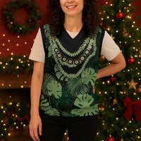 Green Hawaii Kukui Nut Lei Christmas Knitted V-Neck Vest Hawaiian Pattern Monstera Tropical Vibes LT14 - Polynesian Pride