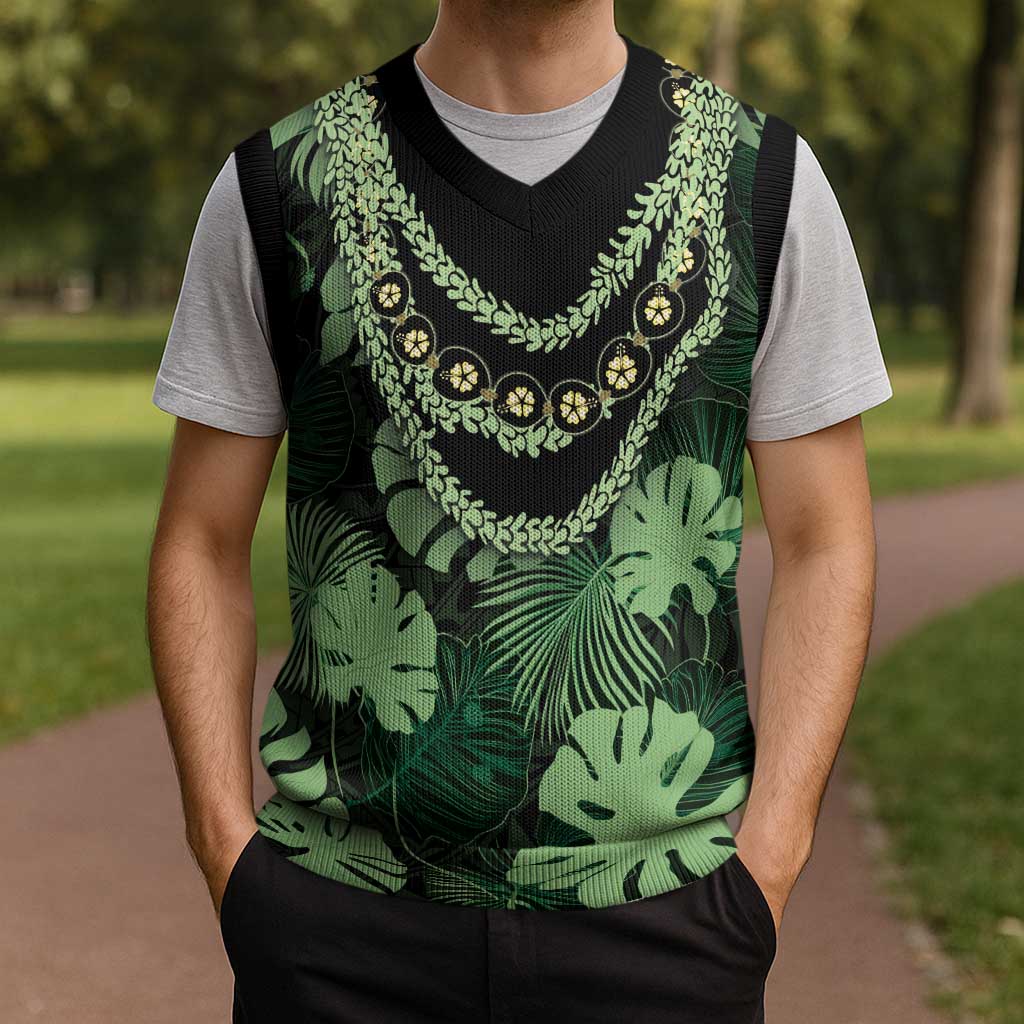 Green Hawaii Kukui Nut Lei Christmas Knitted V-Neck Vest Hawaiian Pattern Monstera Tropical Vibes LT14 - Polynesian Pride