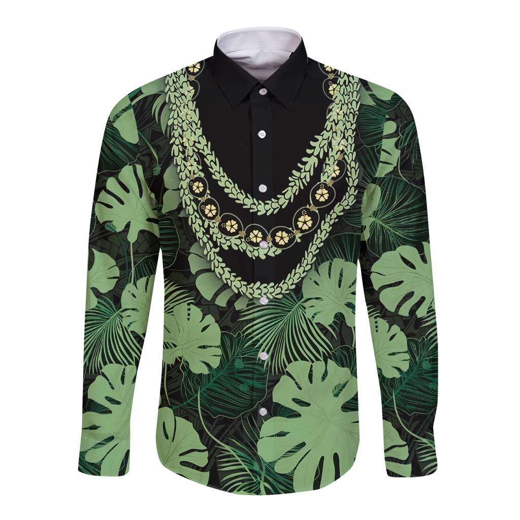 Green Hawaii Kukui Nut Lei Long Sleeve Button Shirt Hawaiian Pattern Monstera Tropical Vibes LT14 Unisex Green - Polynesian Pride