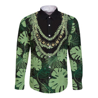 Green Hawaii Kukui Nut Lei Long Sleeve Button Shirt Hawaiian Pattern Monstera Tropical Vibes LT14 Unisex Green - Polynesian Pride