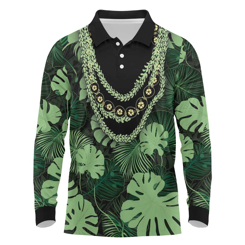 Green Hawaii Kukui Nut Lei Long Sleeve Polo Shirt Hawaiian Pattern Monstera Tropical Vibes LT14 Green - Polynesian Pride