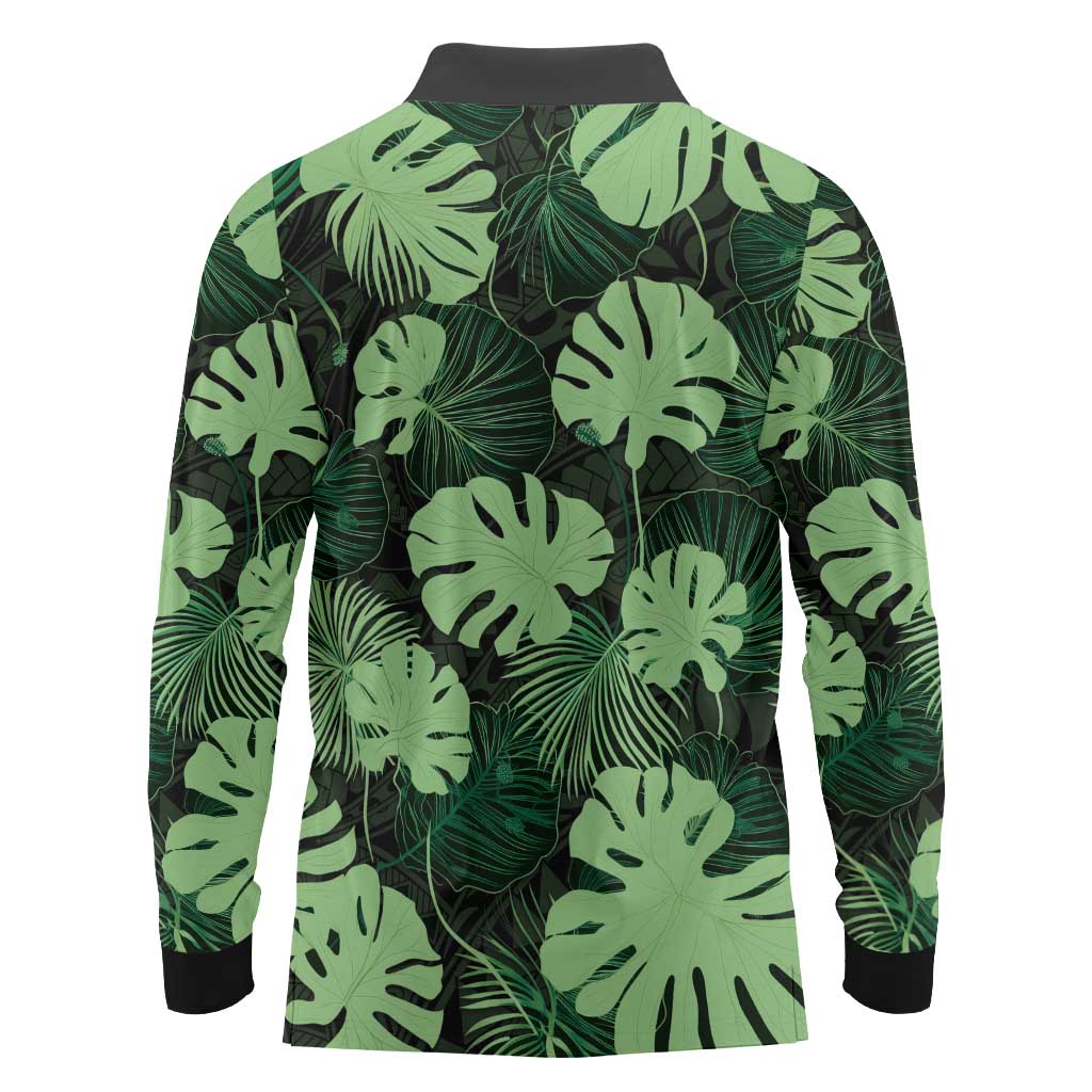 Green Hawaii Kukui Nut Lei Long Sleeve Polo Shirt Hawaiian Pattern Monstera Tropical Vibes LT14 - Polynesian Pride