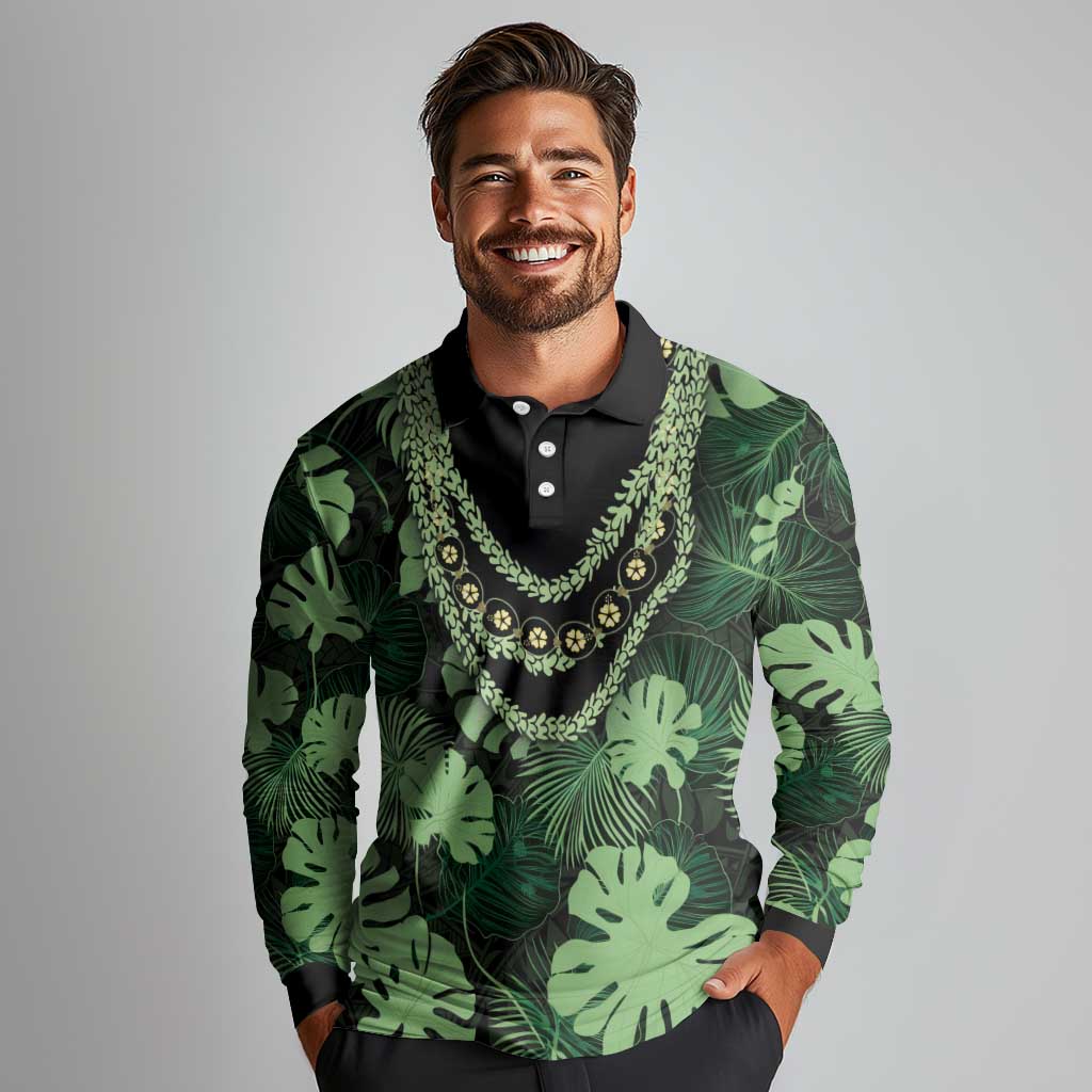 Green Hawaii Kukui Nut Lei Long Sleeve Polo Shirt Hawaiian Pattern Monstera Tropical Vibes LT14 - Polynesian Pride