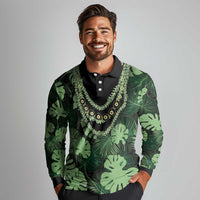 Green Hawaii Kukui Nut Lei Long Sleeve Polo Shirt Hawaiian Pattern Monstera Tropical Vibes LT14 - Polynesian Pride