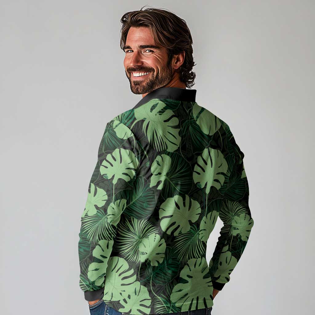Green Hawaii Kukui Nut Lei Long Sleeve Polo Shirt Hawaiian Pattern Monstera Tropical Vibes LT14 - Polynesian Pride