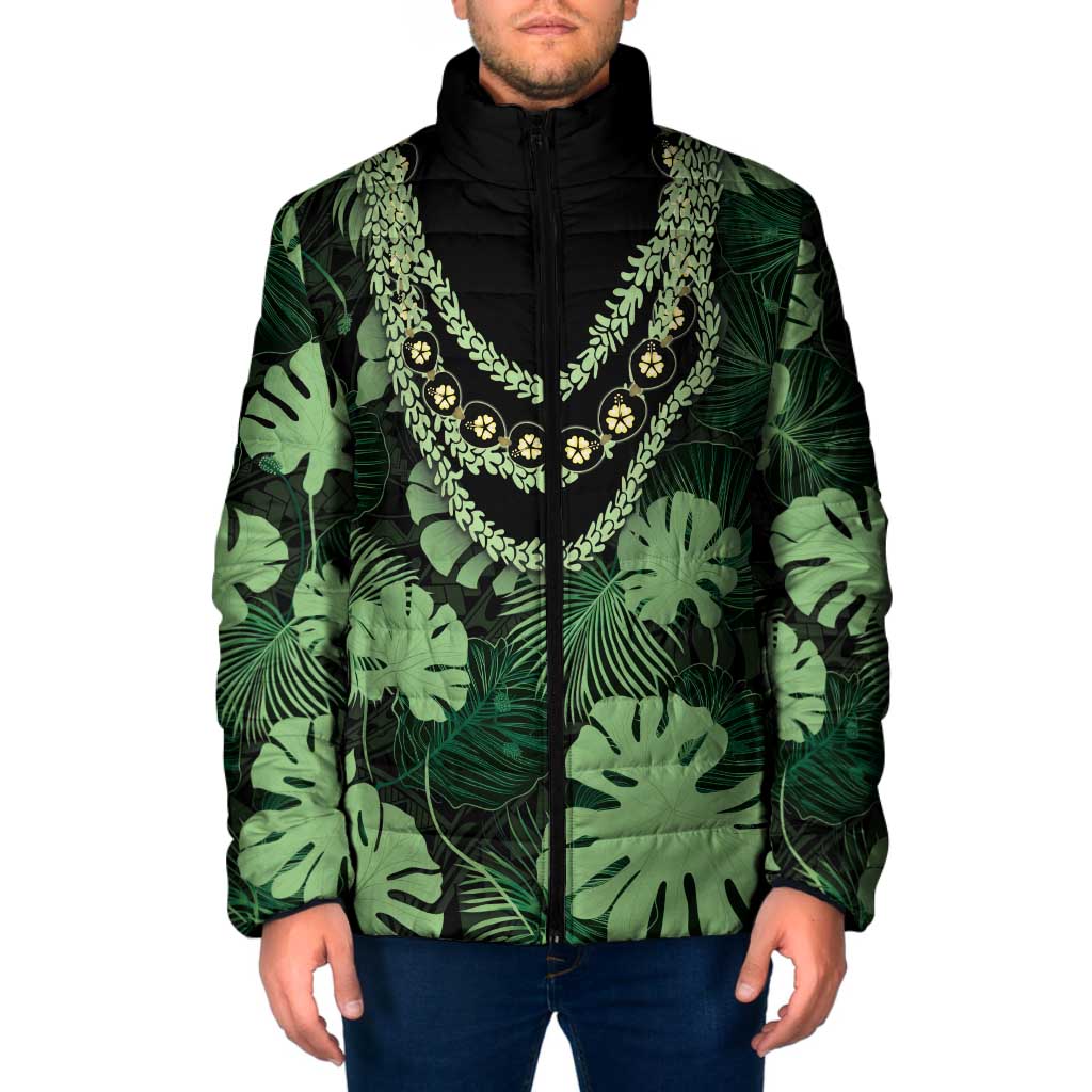 Green Hawaii Kukui Nut Lei Padded Jacket Hawaiian Pattern Monstera Tropical Vibes LT14 Men Green - Polynesian Pride