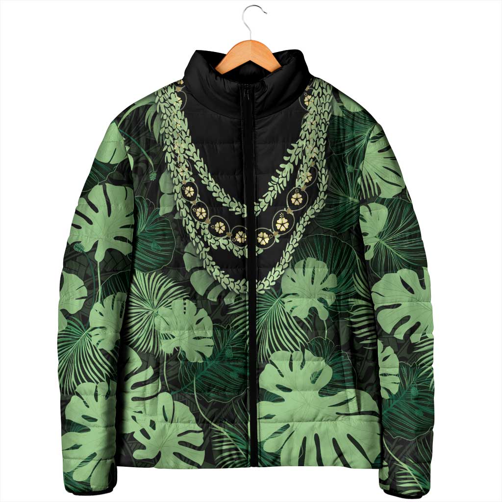 Green Hawaii Kukui Nut Lei Padded Jacket Hawaiian Pattern Monstera Tropical Vibes LT14 - Polynesian Pride
