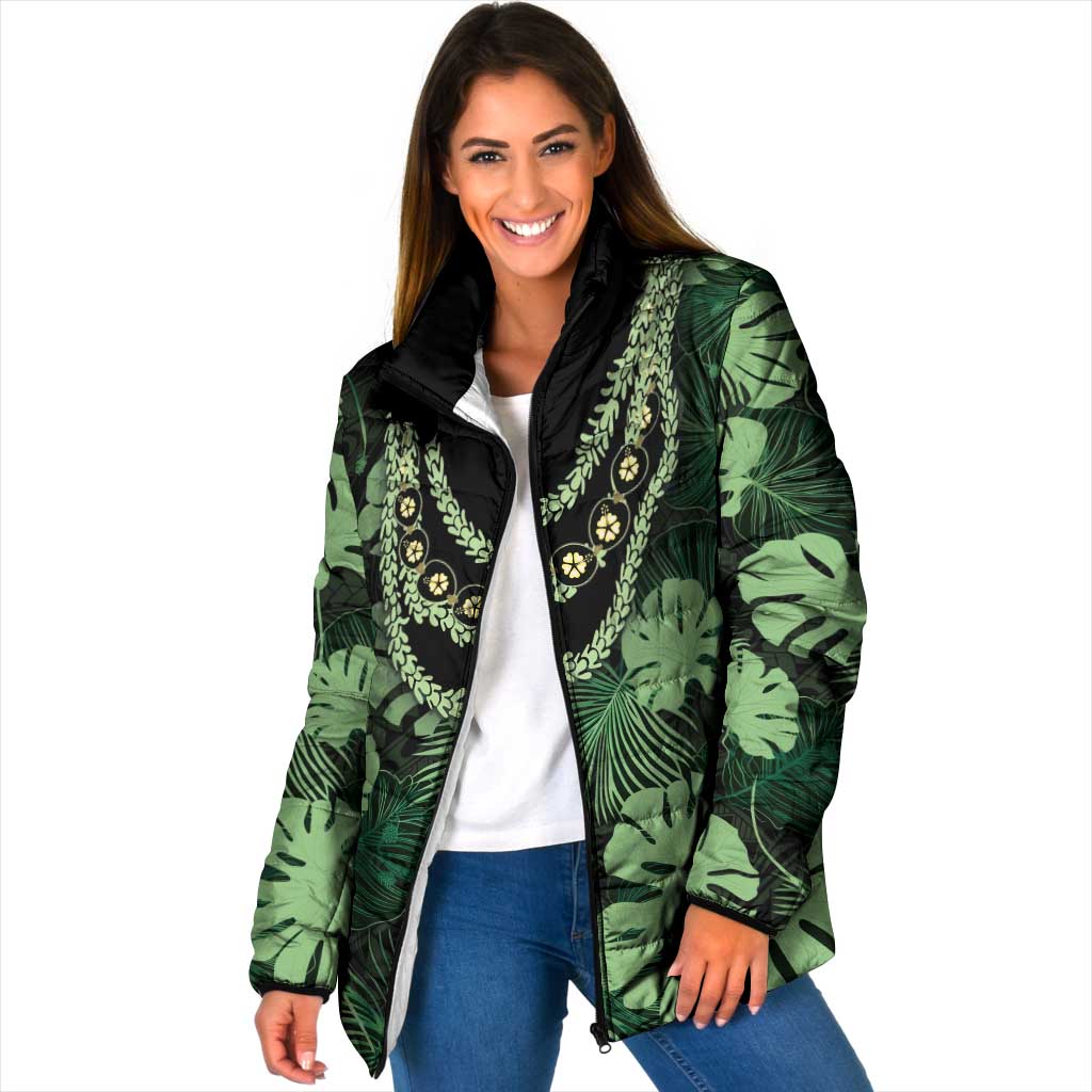 Green Hawaii Kukui Nut Lei Padded Jacket Hawaiian Pattern Monstera Tropical Vibes LT14 Women Green - Polynesian Pride
