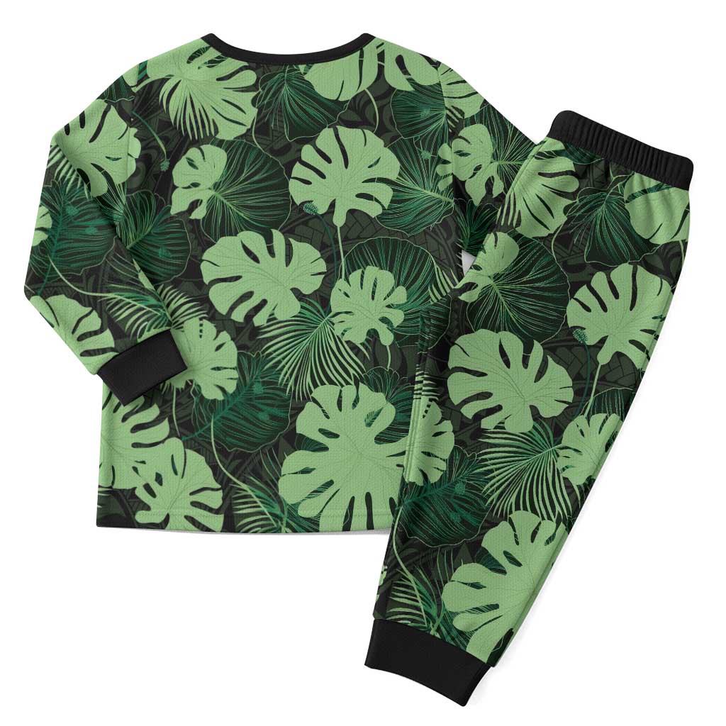 Green Hawaii Kukui Nut Lei Christmas Pajama Set Hawaiian Pattern Monstera Tropical Vibes LT14 - Polynesian Pride