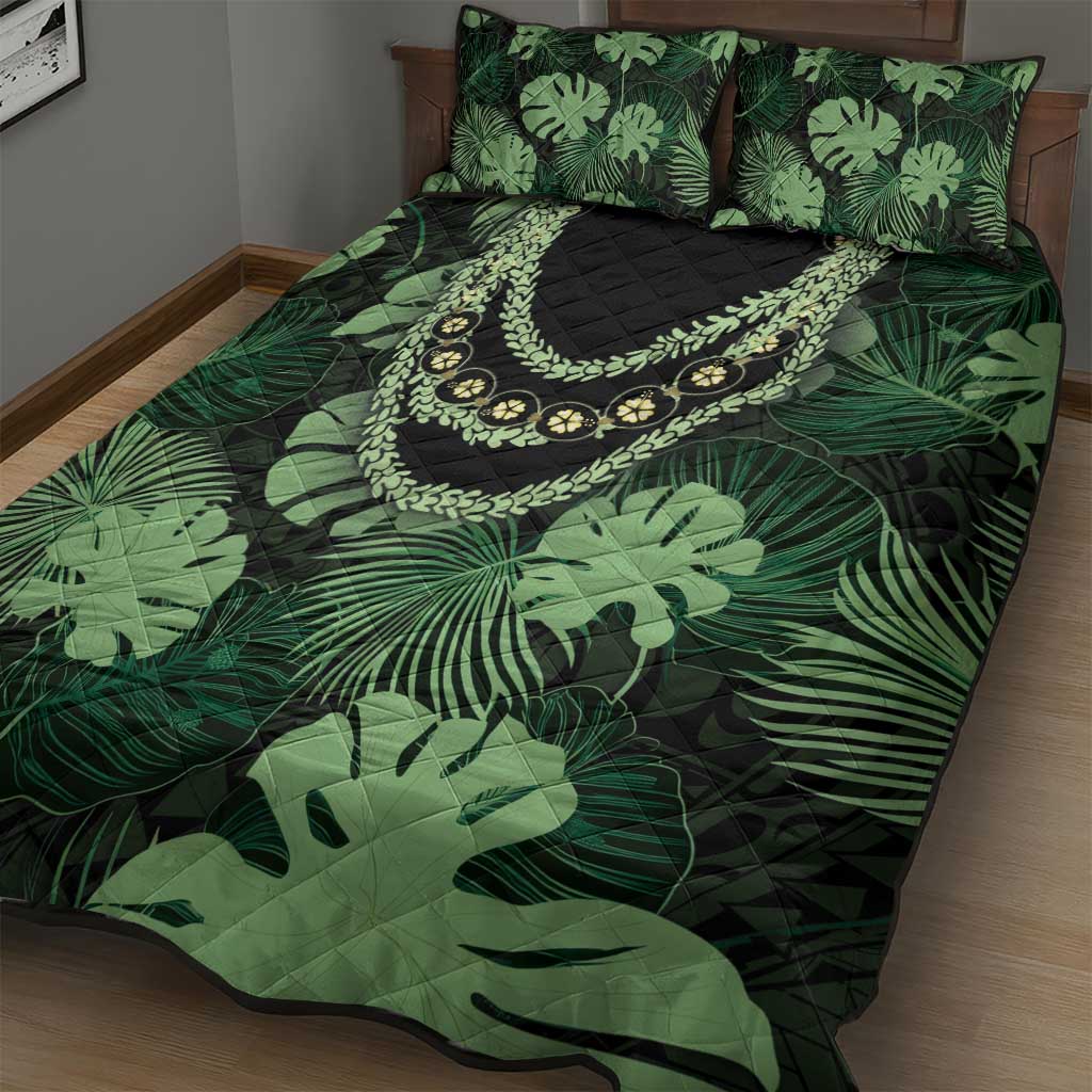Green Hawaii Kukui Nut Lei Quilt Bed Set Hawaiian Pattern Monstera Tropical Vibes - Polynesian Pride