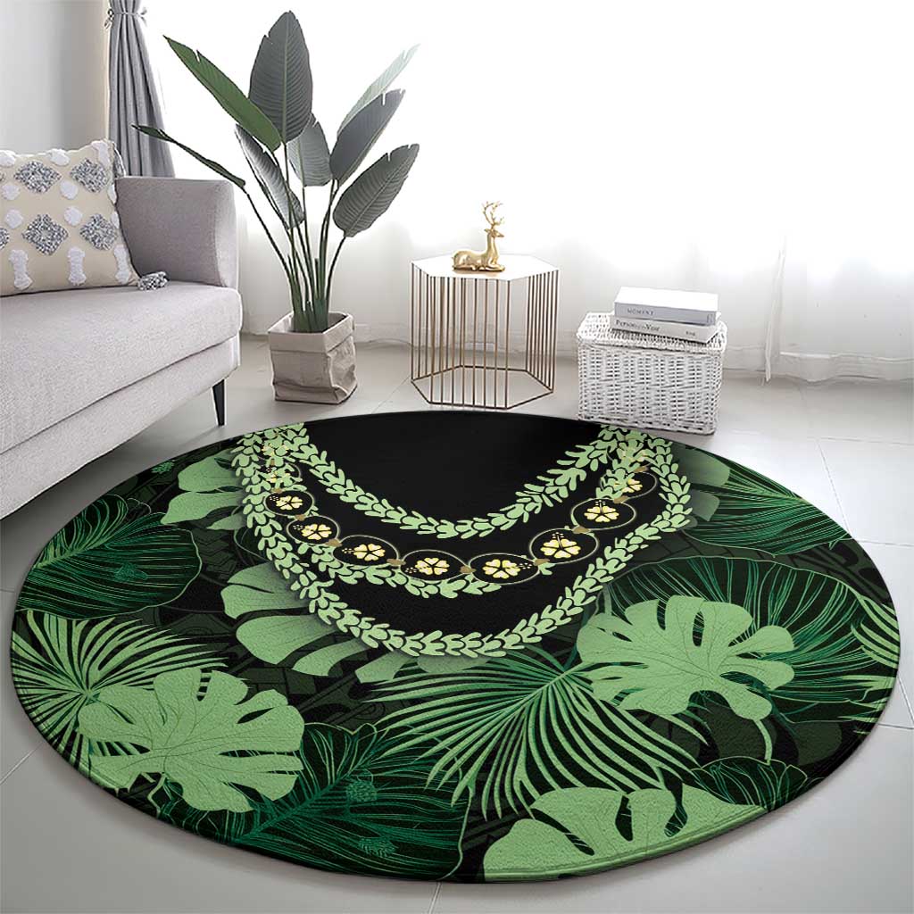 Green Hawaii Kukui Nut Lei Round Carpet Hawaiian Pattern Monstera Tropical Vibes - Polynesian Pride