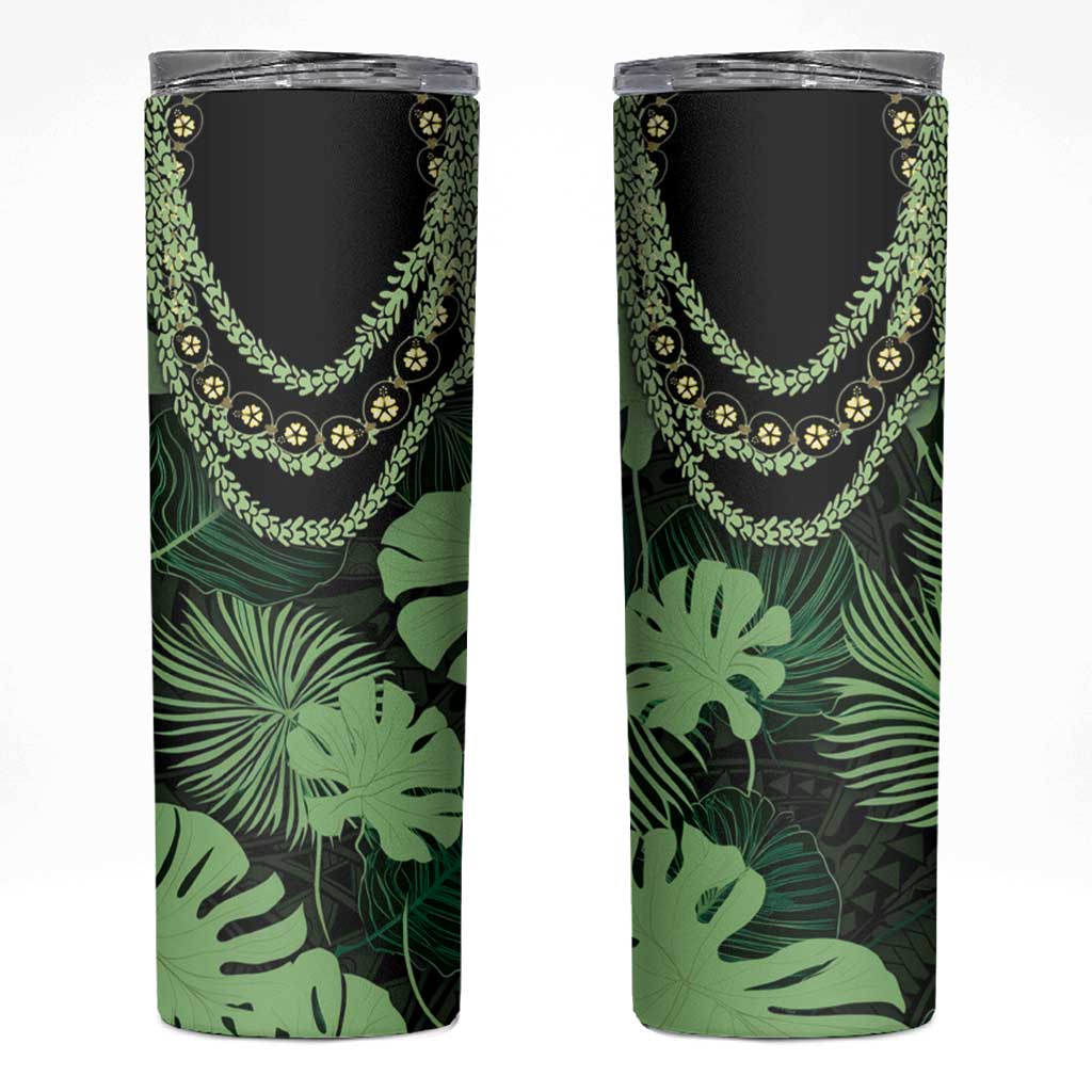 Green Hawaii Kukui Nut Lei Skinny Tumbler Hawaiian Pattern Monstera Tropical Vibes - Polynesian Pride