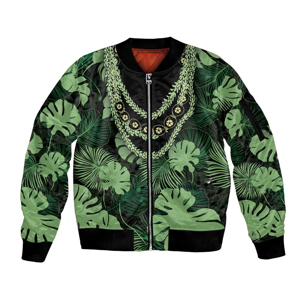 Green Hawaii Kukui Nut Lei Sleeve Zip Bomber Jacket Hawaiian Pattern Monstera Tropical Vibes LT14 Unisex Green - Polynesian Pride