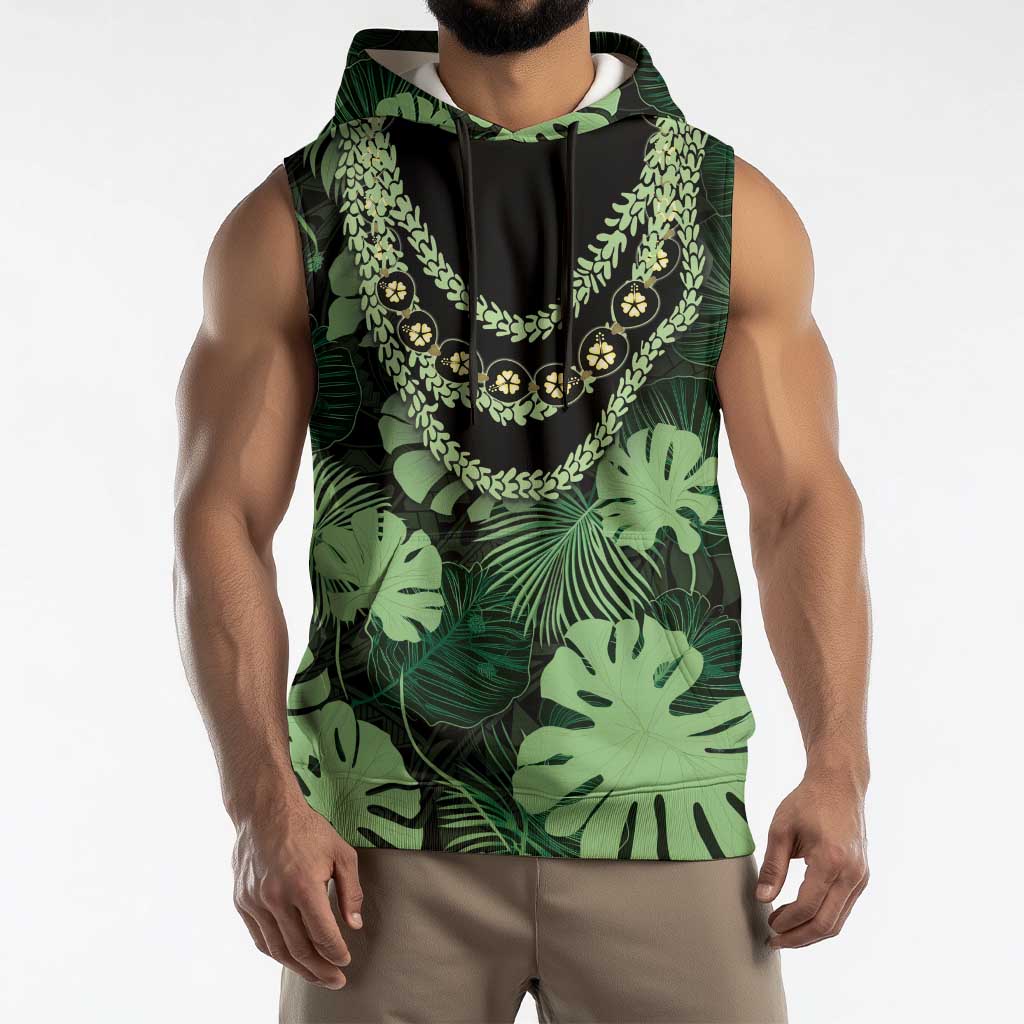 Green Hawaii Kukui Nut Lei Sleeveless Hoodie Hawaiian Pattern Monstera Tropical Vibes LT14 - Polynesian Pride