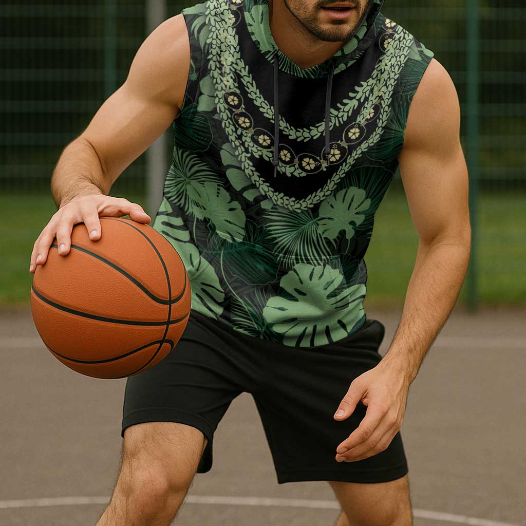 Green Hawaii Kukui Nut Lei Sleeveless Hoodie Hawaiian Pattern Monstera Tropical Vibes LT14 - Polynesian Pride
