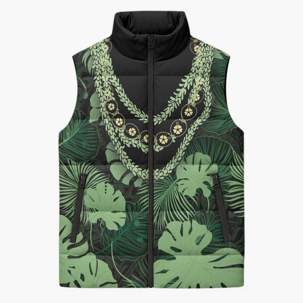 Green Hawaii Kukui Nut Lei Sleeveless Puffer Jacket Hawaiian Pattern Monstera Tropical Vibes LT14 Unisex Green - Polynesian Pride