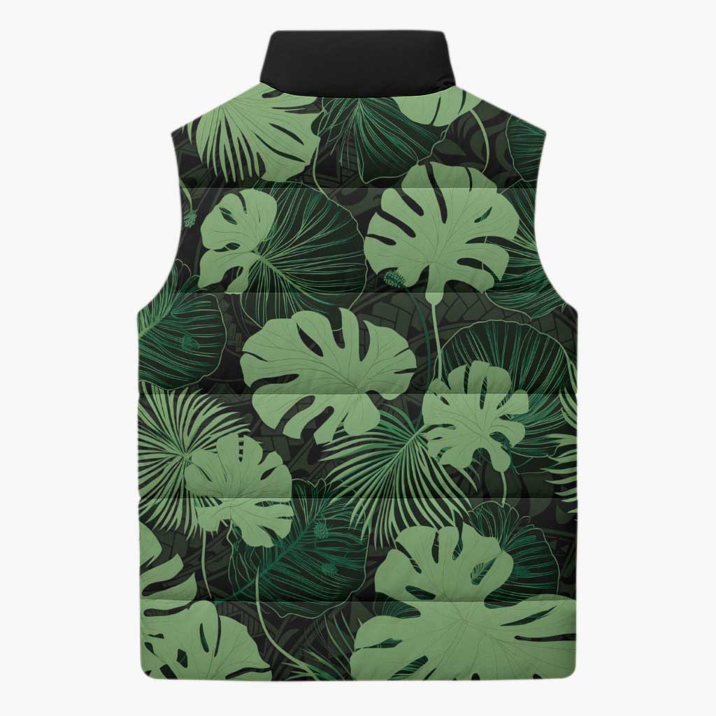 Green Hawaii Kukui Nut Lei Sleeveless Puffer Jacket Hawaiian Pattern Monstera Tropical Vibes LT14 - Polynesian Pride
