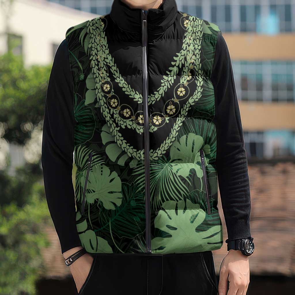 Green Hawaii Kukui Nut Lei Sleeveless Puffer Jacket Hawaiian Pattern Monstera Tropical Vibes LT14 - Polynesian Pride