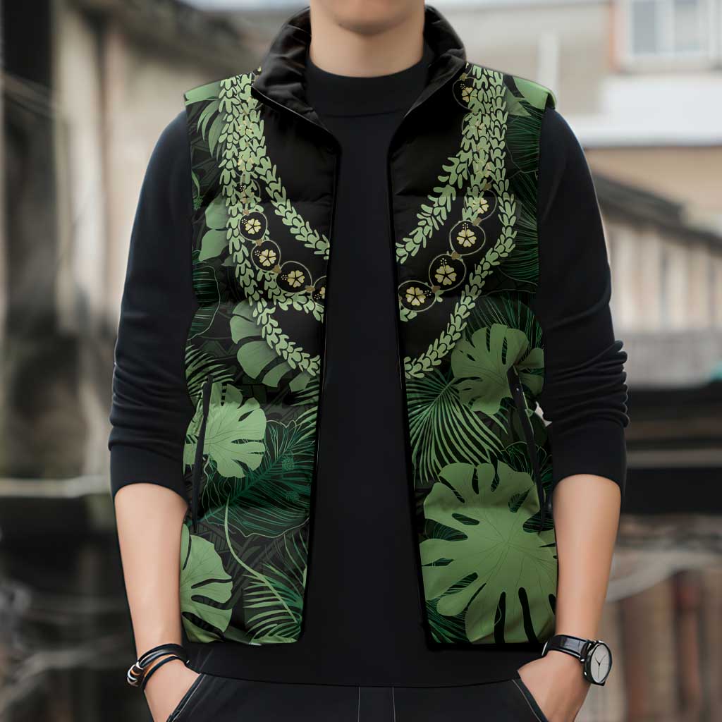 Green Hawaii Kukui Nut Lei Sleeveless Puffer Jacket Hawaiian Pattern Monstera Tropical Vibes LT14 - Polynesian Pride
