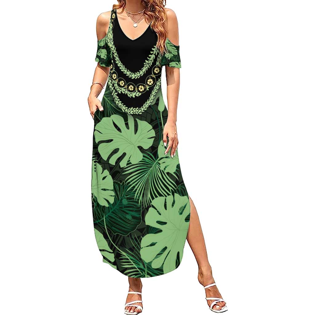 Green Hawaii Kukui Nut Lei Summer Maxi Dress Hawaiian Pattern Monstera Tropical Vibes - Polynesian Pride