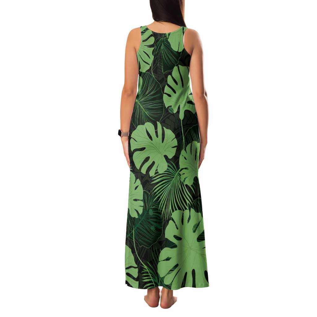 Green Hawaii Kukui Nut Lei Tank Maxi Dress Hawaiian Pattern Monstera Tropical Vibes - Polynesian Pride