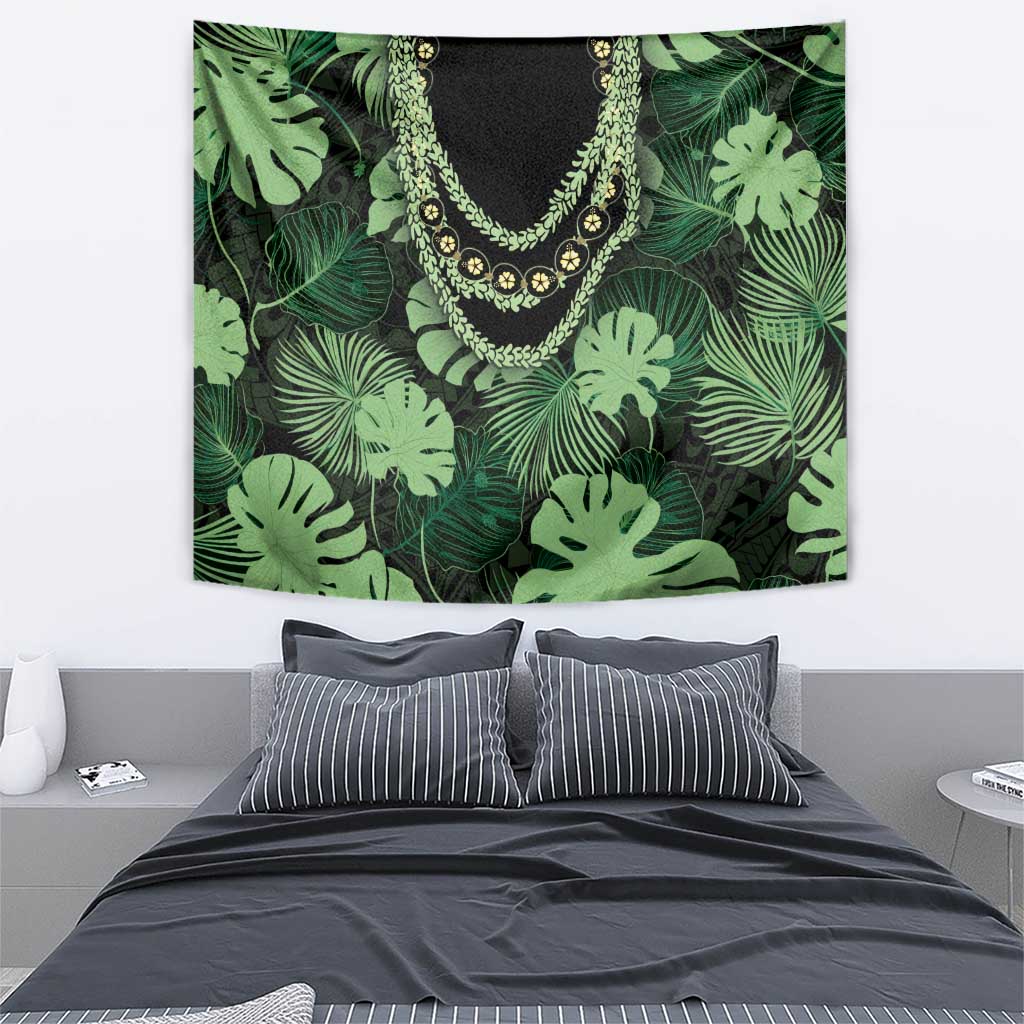 Green Hawaii Kukui Nut Lei Tapestry Hawaiian Pattern Monstera Tropical Vibes - Polynesian Pride